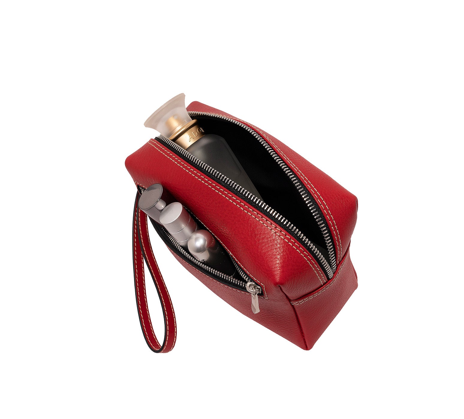 Leather Wrist Bag from Rydal in 'Red' showing contents.