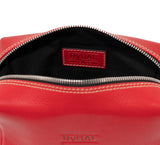 Leather Wrist Bag from Rydal in 'Red' showing logo and interior.