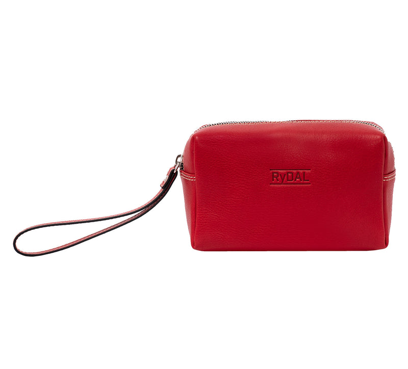Leather Wrist Bag from Rydal in 'Red' showing front. 