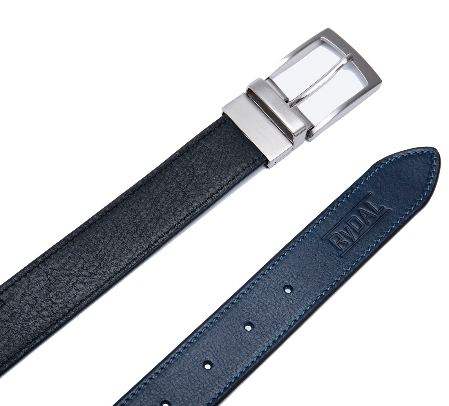Firenze Mens Reversible Leather Belt from Rydal in 'Black/Royal Blue' showing both sides.