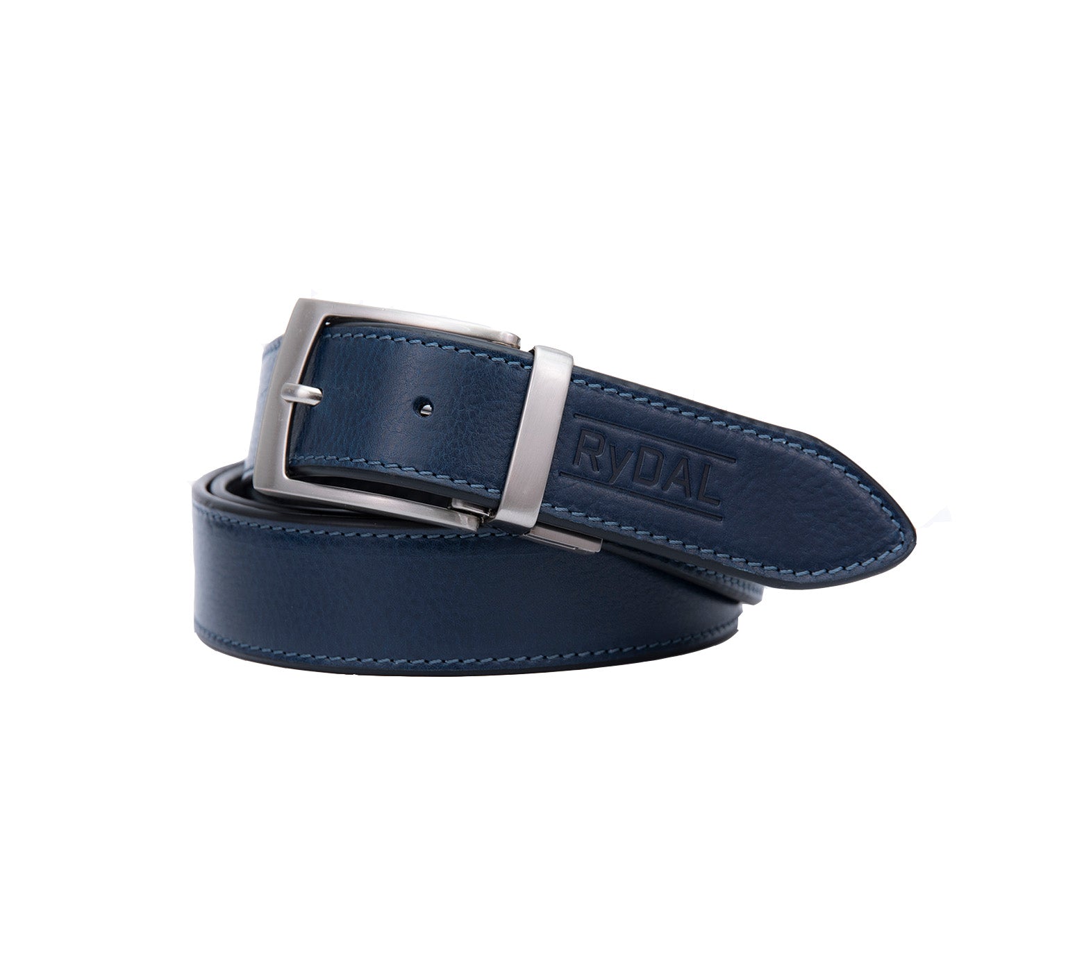 Firenze Mens Reversible Leather Belt from Rydal in 'Black/Royal Blue' showing royal blue.
