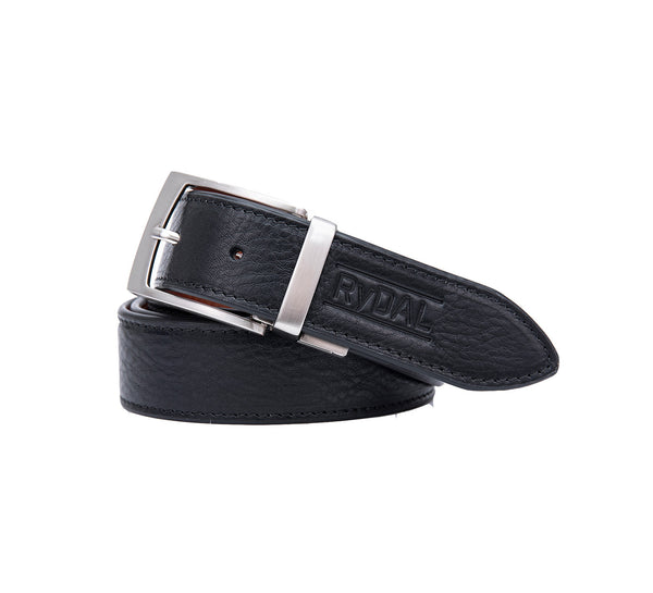Firenze Mens Reversible Leather Belt from Rydal in 'Black/Rust' showing black. 