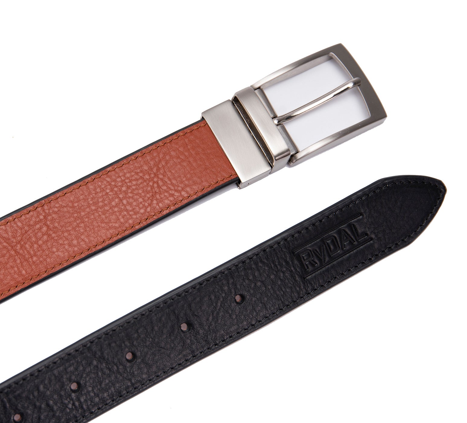 Firenze Mens Reversible Leather Belt from Rydal in 'Black/Rust' showing both sides.