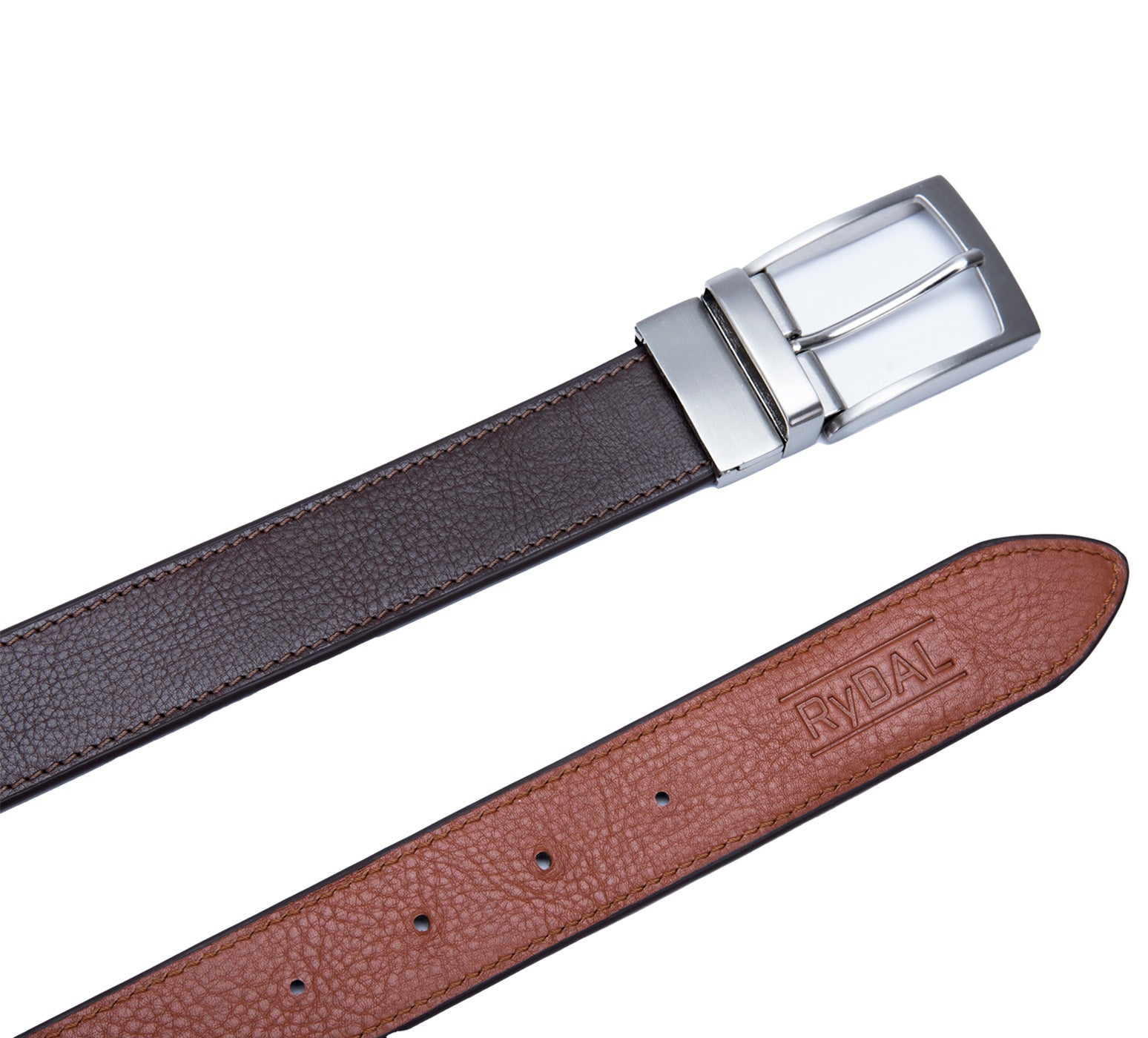Firenze Mens Reversible Leather Belt from Rydal in 'Dark Brown/Rust' showing both sides.