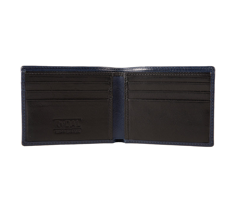 Mens Leather Wallet from Rydal in 'Royal Blue/Black' showing interior.