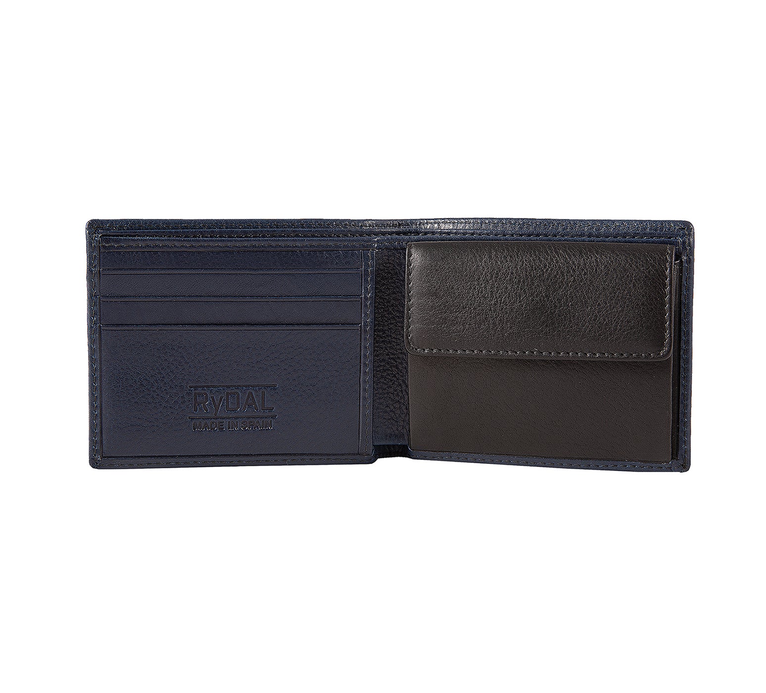 Mens Leather Wallet with Coin Pocket from Rydal in 'Royal Blue/Black' showing interior.