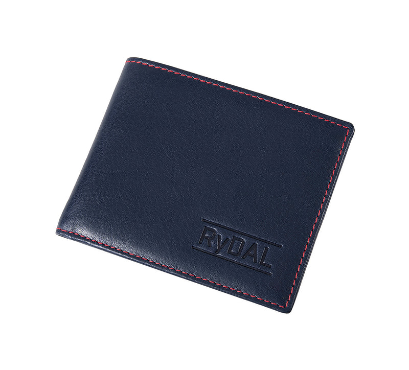 Mens Leather Wallet from Rydal in 'Royal Blue/Red' showing wallet closed.