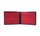 Mens Leather Wallet from Rydal in 'Royal Blue/Red' showing interior.