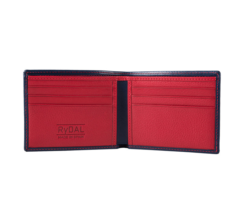 Mens Leather Wallet from Rydal in 'Royal Blue/Red' showing interior.