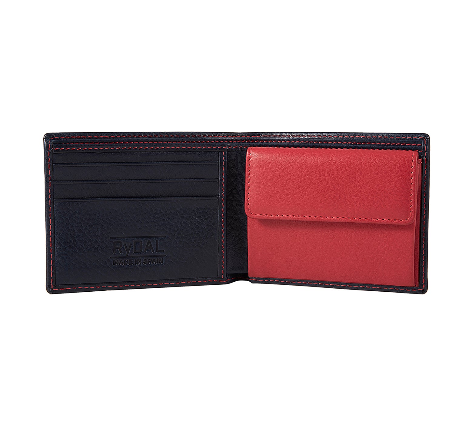 Mens Leather Wallet with Coin Pocket from Rydal in 'Royal Blue/Red' showing interior.