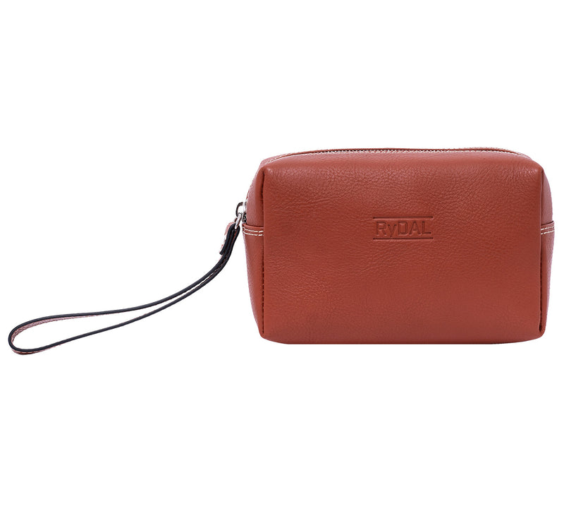 Leather Wrist Bag from Rydal in 'Rust' showing front. 