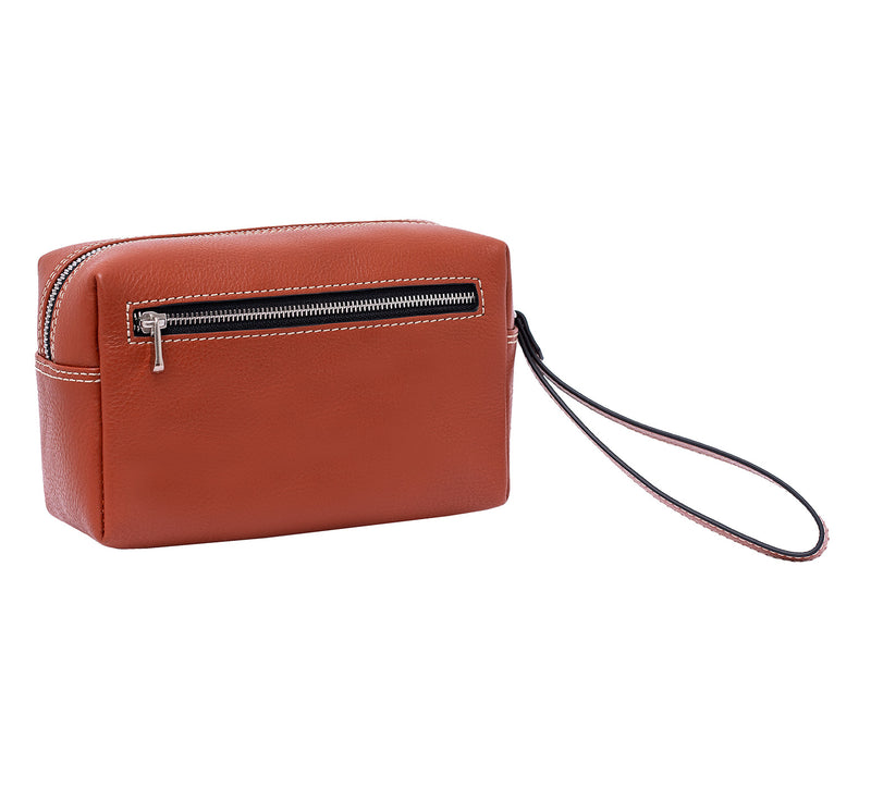 Leather Wrist Bag from Rydal in 'Rust' showing reverse.