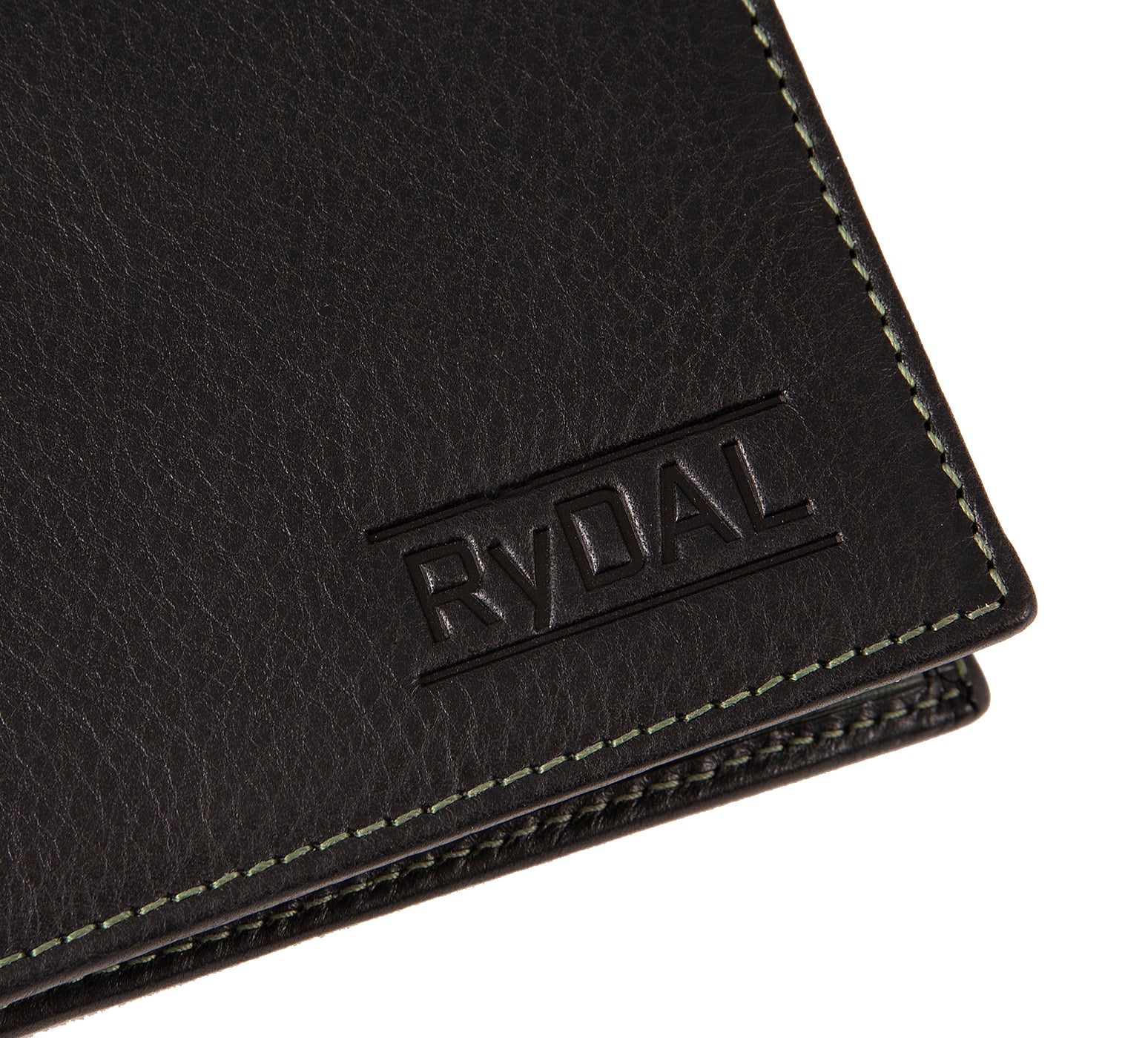 Mens Leather Wallet with Coin Pocket from Rydal in 'Black/Green' showing close up of logo.