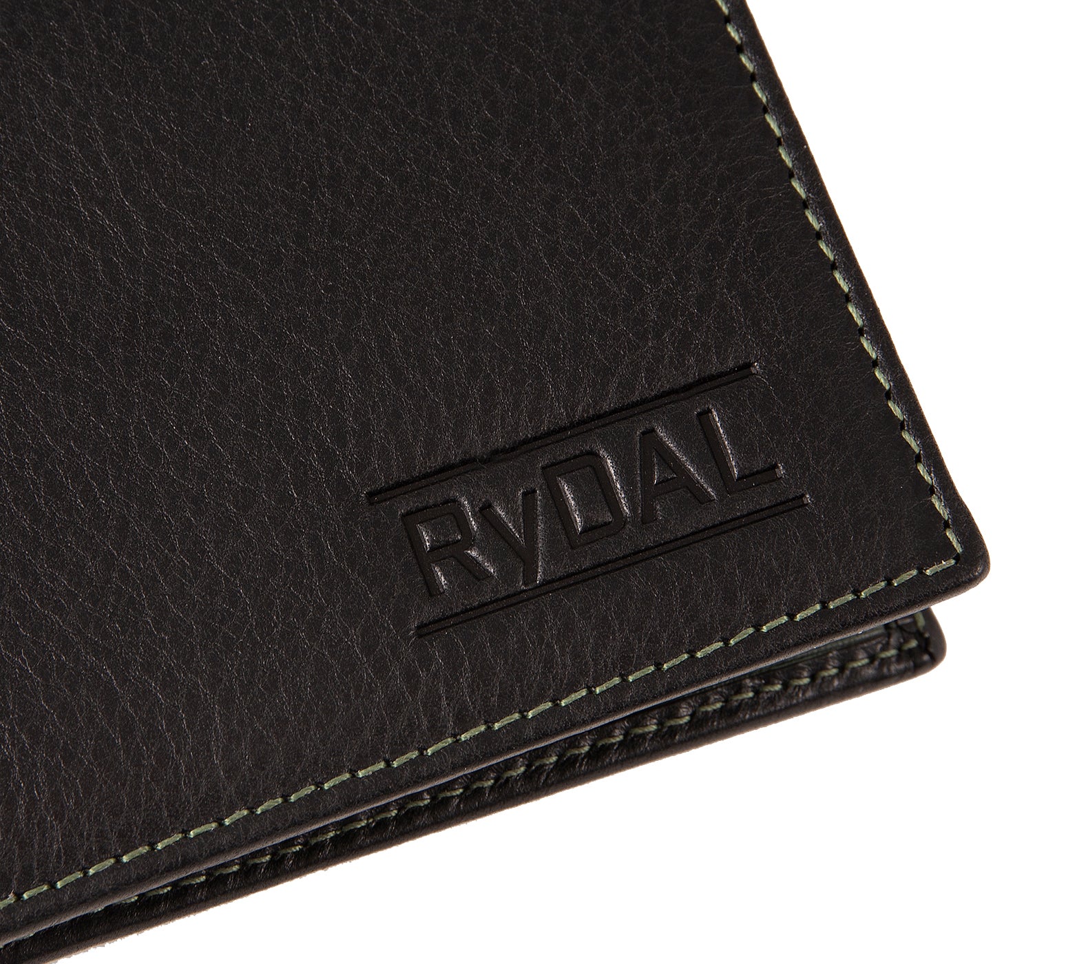 Mens Leather Wallet from Rydal in 'Black/Green' showing close up of logo.