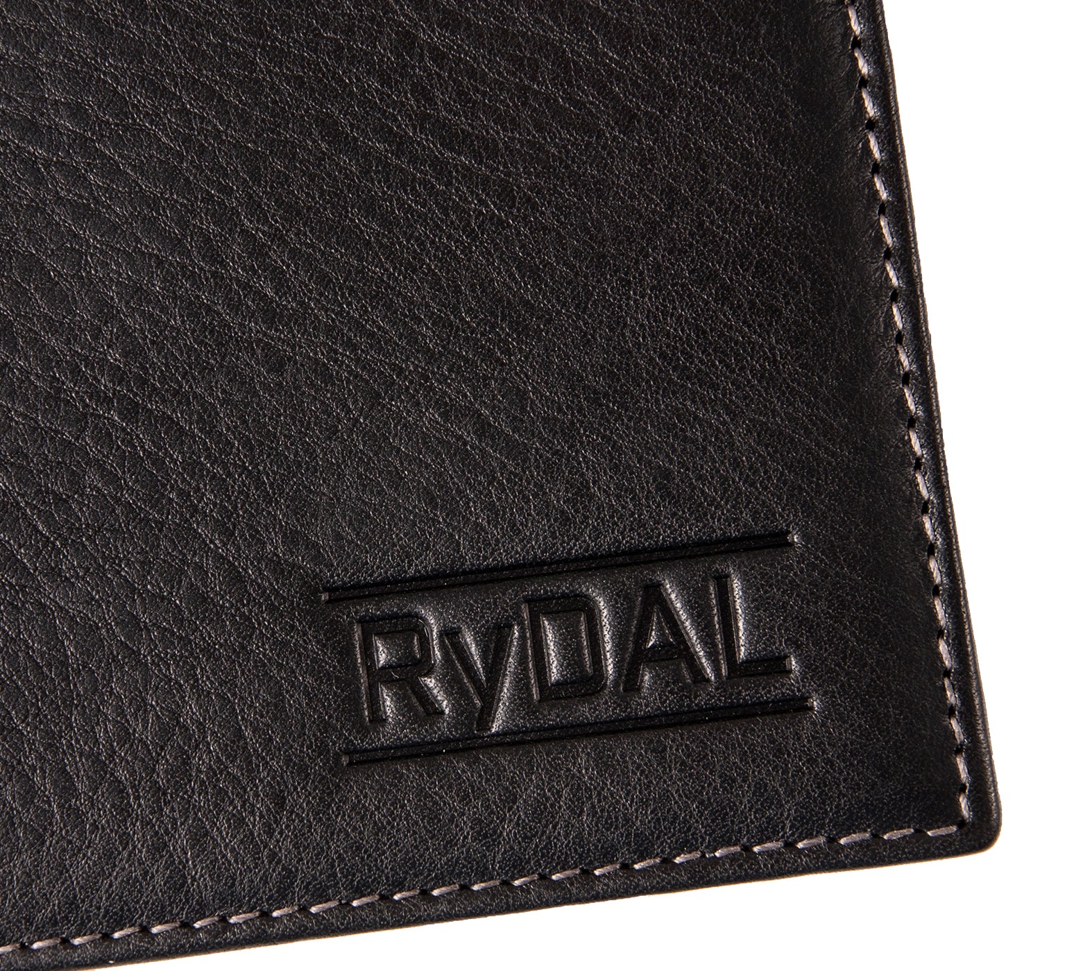 Mens Leather Wallet with Coin Pocket from Rydal in 'Black/Grey' showing close up of logo.