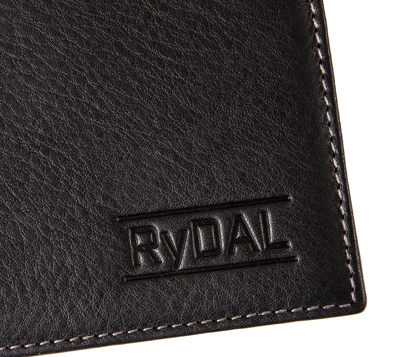 Mens Leather Wallet from Rydal in 'Black/Grey' showing close up of logo.