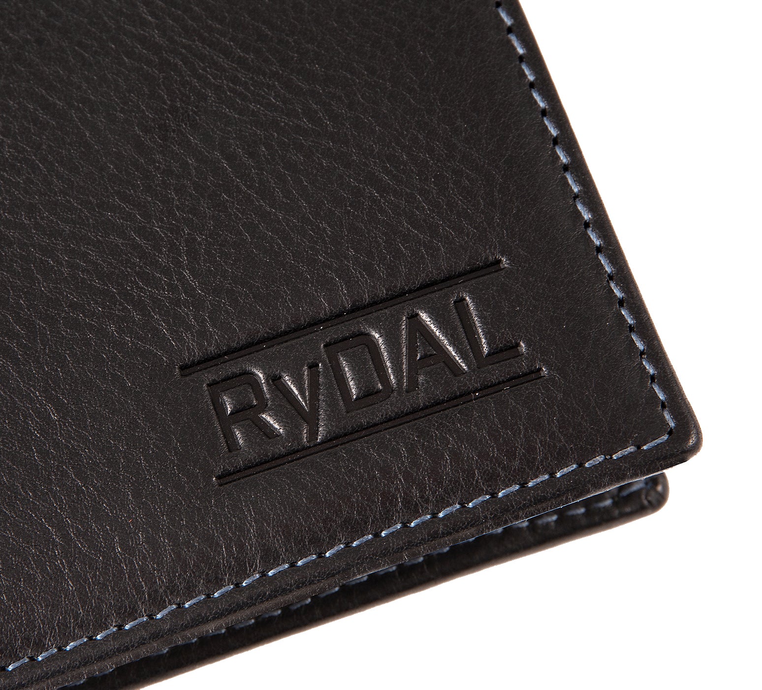Mens Leather Wallet with Coin Pocket from Rydal in 'Black/Royal Blue' showing close up of logo.