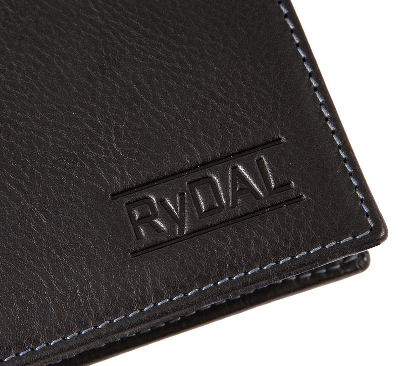 Mens Leather Wallet from Rydal in 'Black/Royal Blue' showing close up of logo.