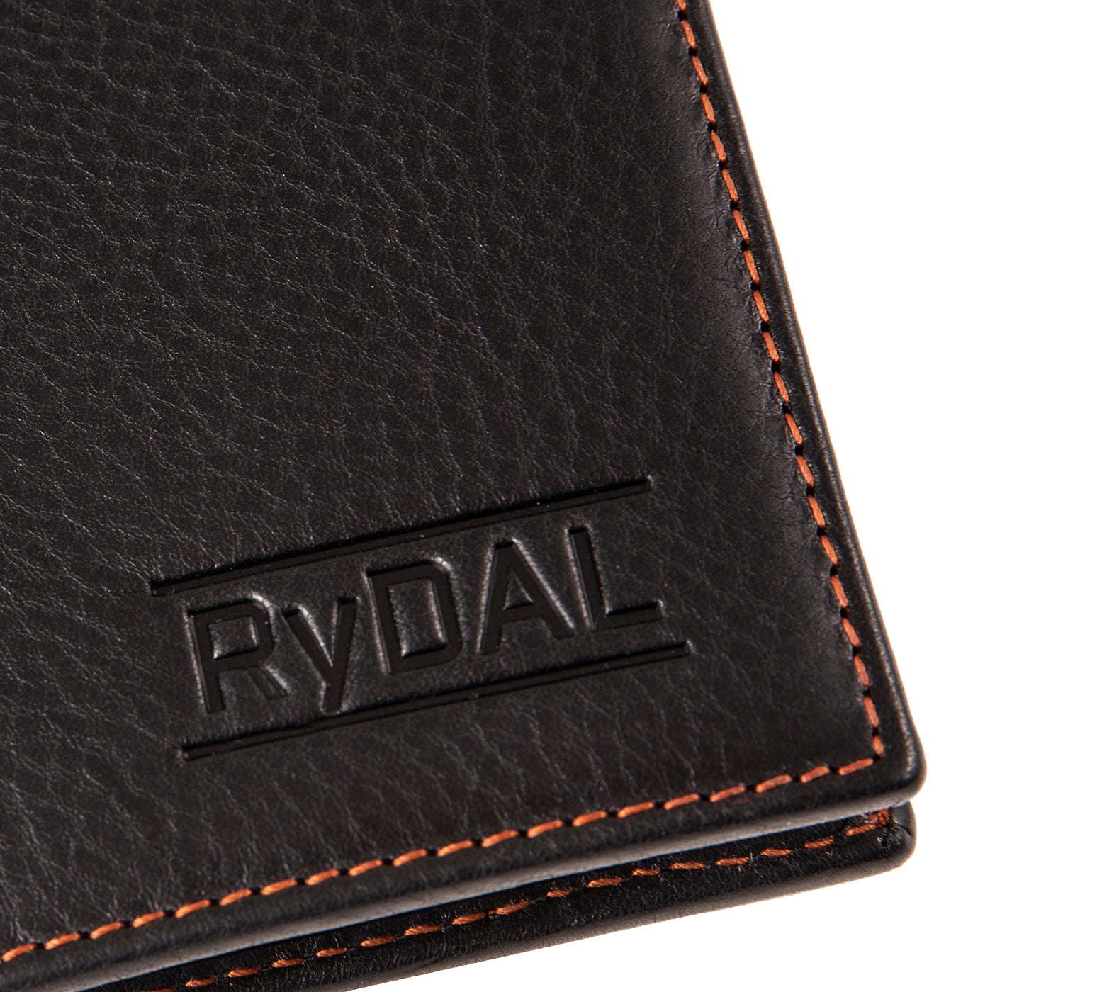 Mens Leather Wallet with Coin Pocket from Rydal in 'Black/Rust' showing close up of logo.