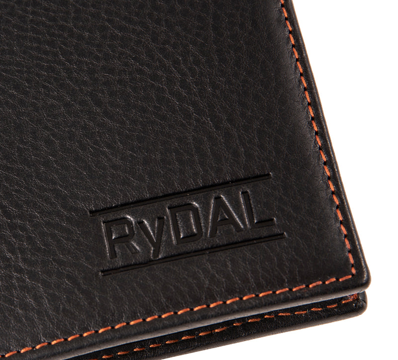 Mens Leather Wallet from Rydal in 'Black/Rust' showing close up of logo.