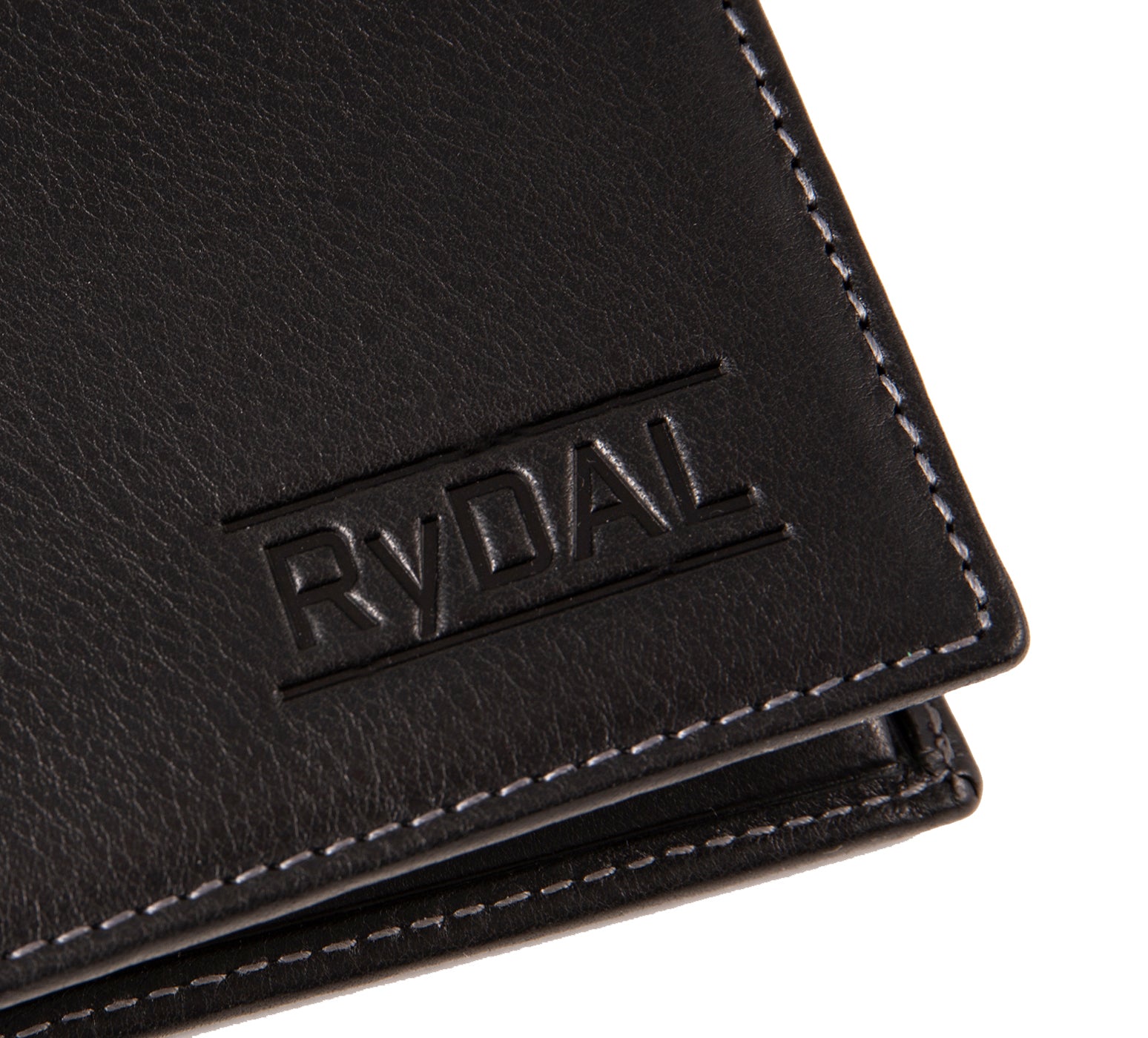 Mens Leather Wallet with Coin Pocket from Rydal in 'Black' showing close up of logo.