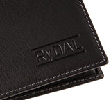 Mens Leather Wallet from Rydal in 'Black' showing close up of logo.