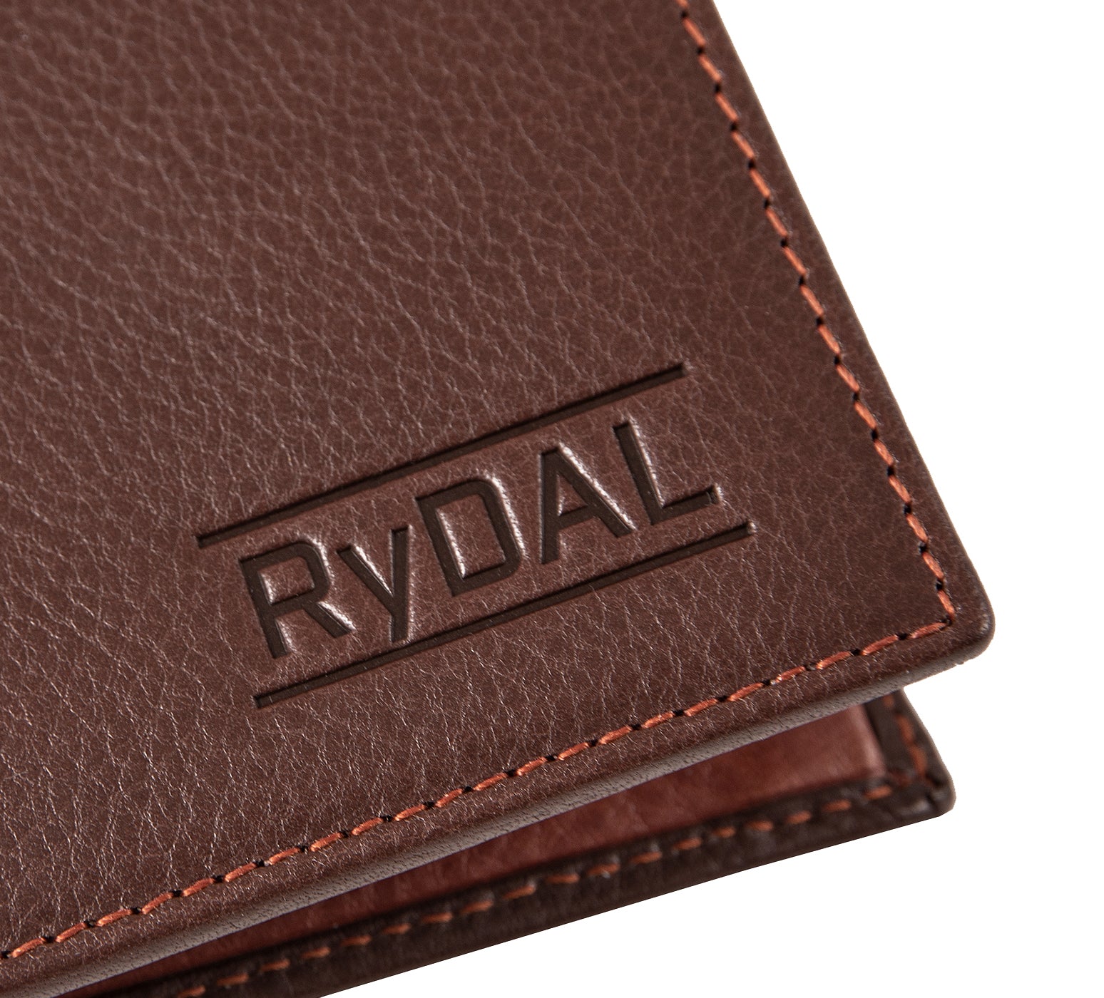 Mens Leather Wallet with Coin Pocket from Rydal in 'Dark Brown/Rust' showing close up of logo.