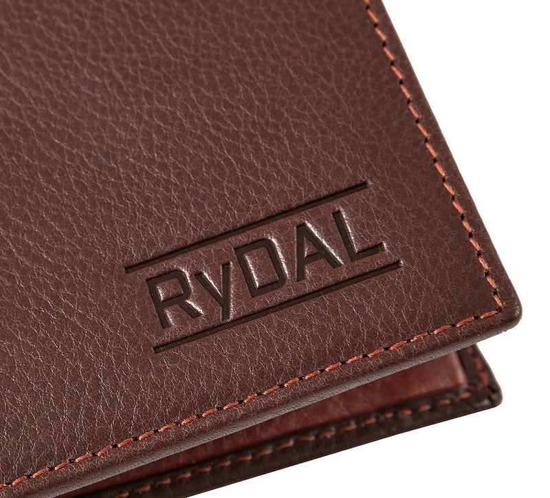 Mens Leather Wallet from Rydal in 'Dark Brown/Rust' showing close up of logo.
