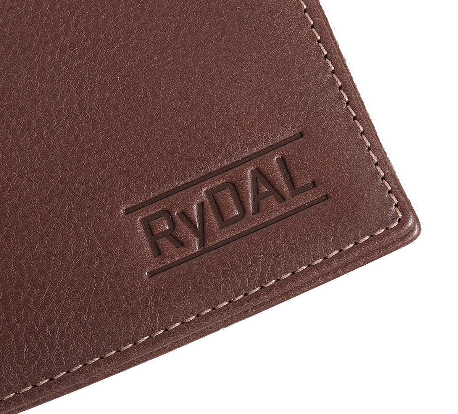 Mens Leather Wallet with Coin Pocket from Rydal in 'Dark Brown' showing close up of logo.