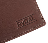 Mens Leather Wallet from Rydal in 'Dark Brown' showing close up of logo.