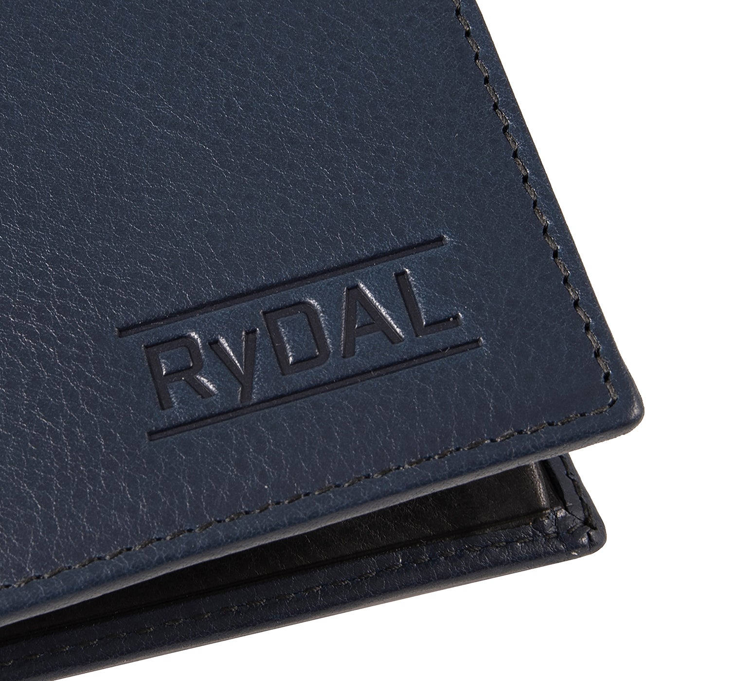 Mens Leather Wallet with Coin Pocket from Rydal in 'Royal Blue/Black' showing close up of logo.