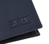 Mens Leather Wallet from Rydal in 'Royal Blue/Black' showing close up of logo.