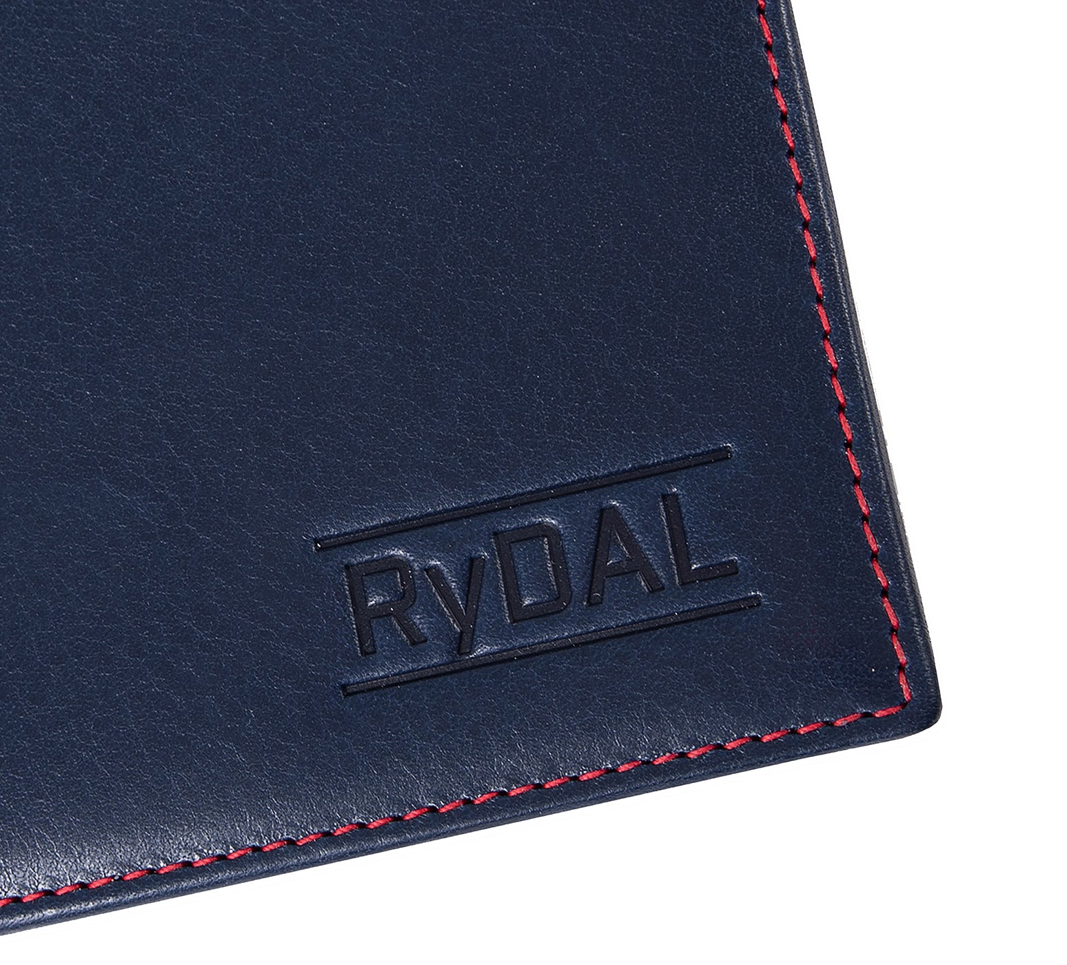 Mens Leather Wallet with Coin Pocket from Rydal in 'Royal Blue/Red' showing close up of logo.