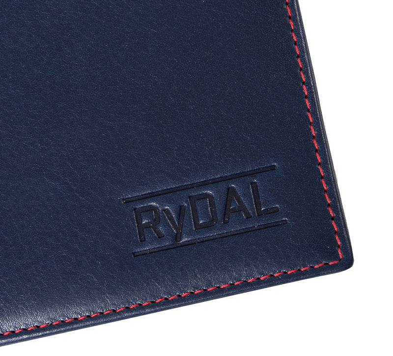 Mens Leather Wallet from Rydal in 'Royal Blue/Red' showing close up of logo.
